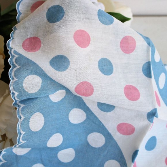 Vintage Cotton Handkerchief / Blue and Pink Polkadots Hanky - Picture 5 of 8